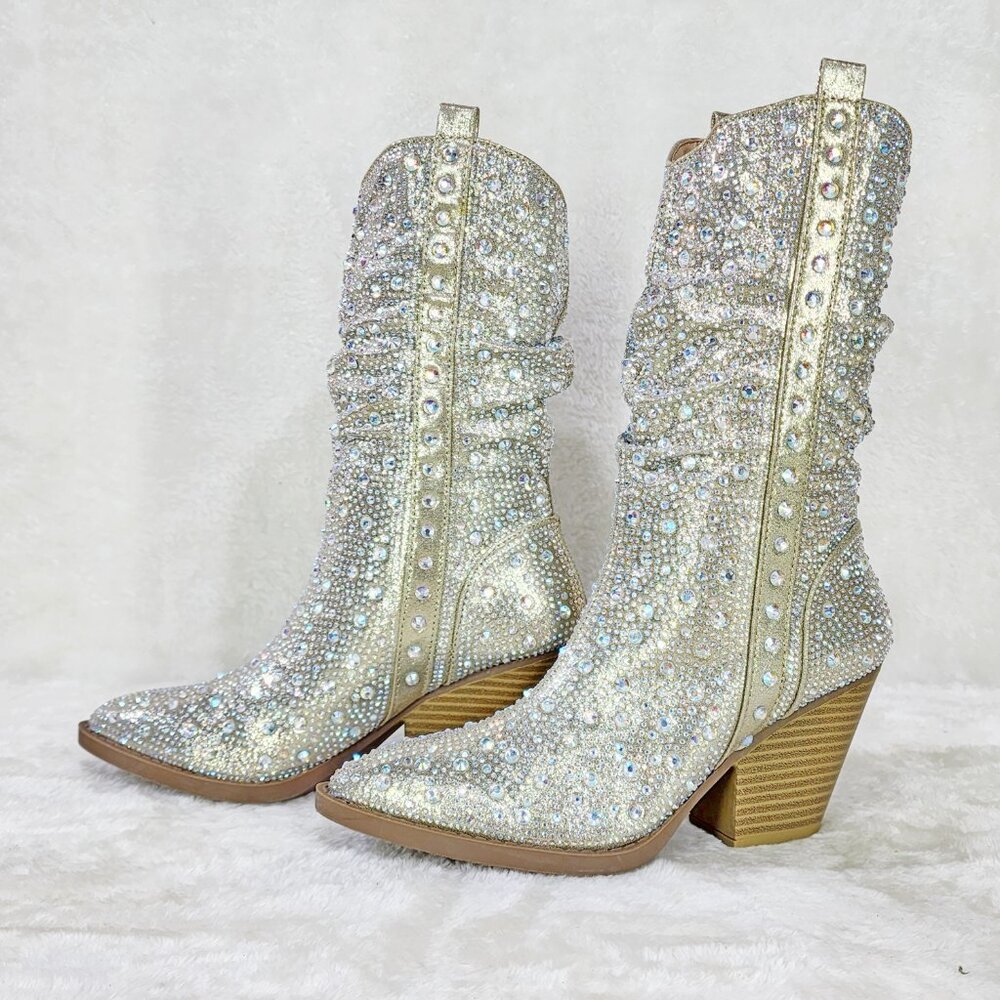 Angel Riders Rhinestones Country Glam Western Cowgirl Slouch Calf Boots - Picture 12 of 14